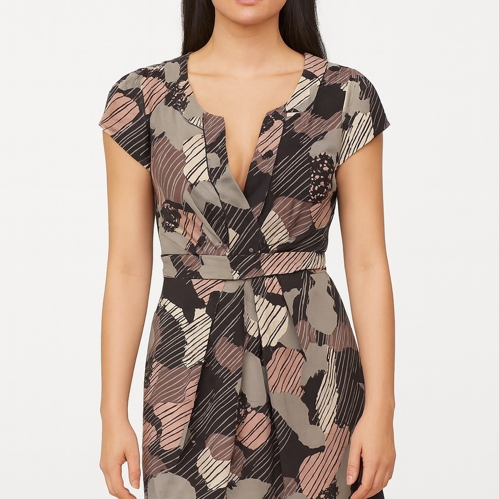 BCBGMaxAzria Abstract Pattern Midi Dress - Black, Cream, Brown